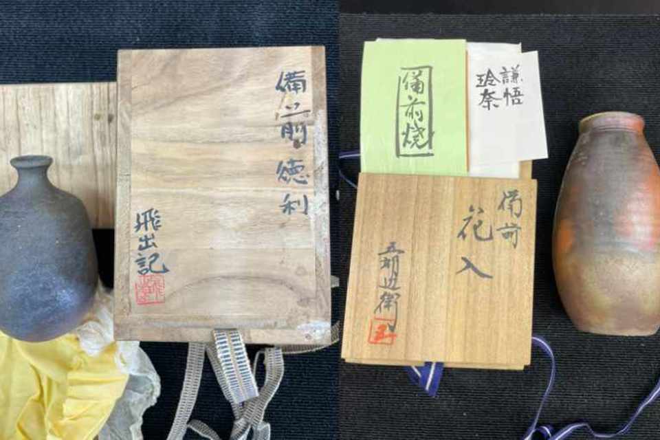 蔵の美本店で岡山市北区吉備津在住のお客様より備前焼、酒器、花入れ、煎茶道具、工芸品を持ち込み査定の画像